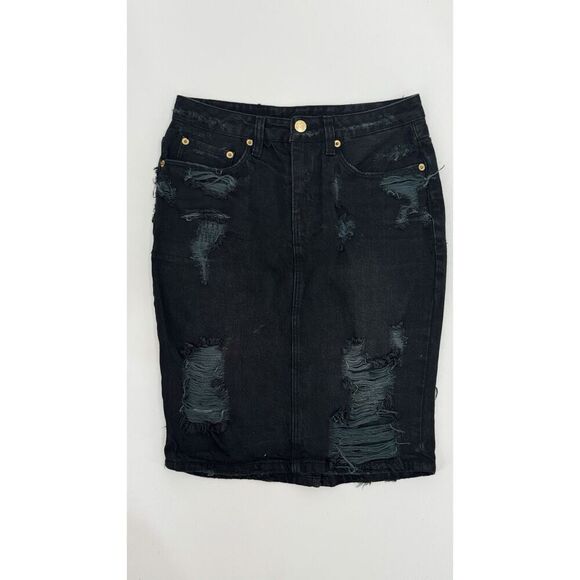 Ksubi High And Wasted Denim Skirt Black Distressed Knee Length Sz 26 US 4 - Picture 1 of 10